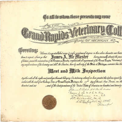 1906 Grand Rapids Veterinary College Diploma - Meat + Milk Inspection