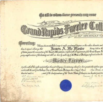1906 Grand Rapids Farrier College Diploma - Master Farrier