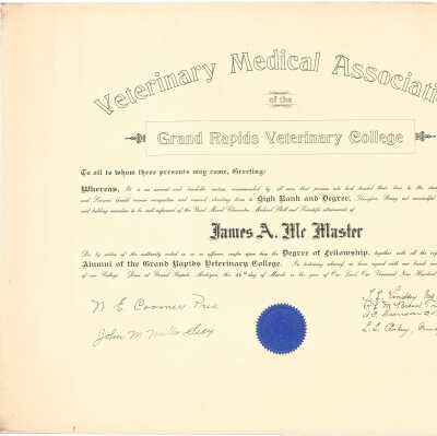 1906 Grand Rapids Veterinary Medical Association Degree of Fellowship