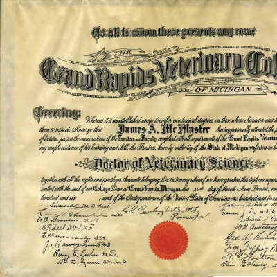 1906 Grand Rapids Veterinary College Diploma (Doctor of Veterinary Science)