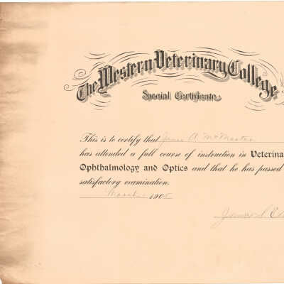 1905 Western Veterinary College Certificate - Opthamology