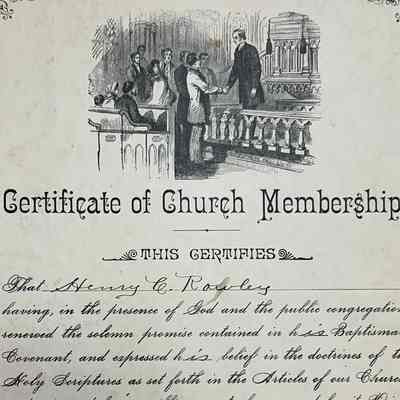 1896 Certificate of Church Membership - Henry Rowley
