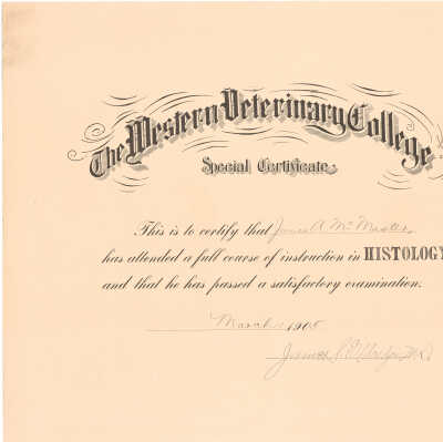 1905 Western Veterinary College Certificate - Histology