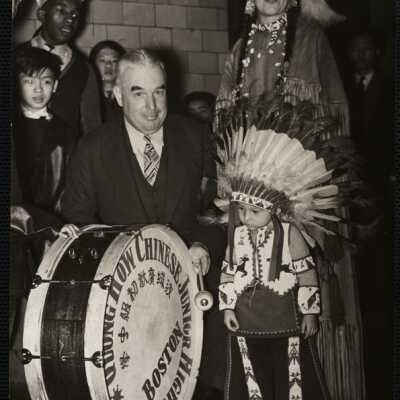 Commissioner Joseph F. Timilty with Princess Pretty Woman + her son Papoose Running Elk. At Station 4.