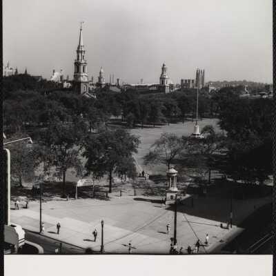Conn. New Haven - United Congregational Church steeple right foreground - Center Congragational Church steeple left foreground
