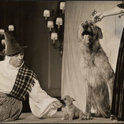 Mrs. W.L. McCammon and a Welsh corgi pup - champion Taffy of Ambleside, Irish wolfhound
