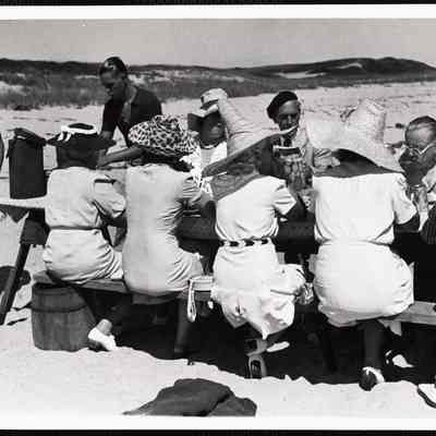 Siasconset clam bake Mr + Mrs B Long (man in beret + woman on his right