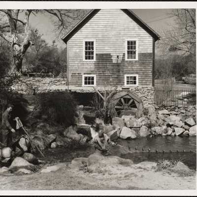 Alewife Run, Brewster, Mass. Richard Dion and Bob Bresnahan drawing in seining net. . . This run is along side of the Stoney Brook Mill, site of the first water power mill in America.