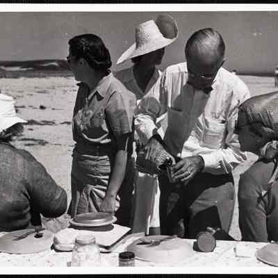 Siasconset clam bake Mrs. Hughston (white hat, back to camera), Mrs. H. McCoy Jones, Robert Boda + Mrs. R. Boda