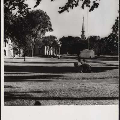 Conn. Branford - Congregational Church steeple right - town hall and court house with pillars center - Trinity Church - Episcopal left corner