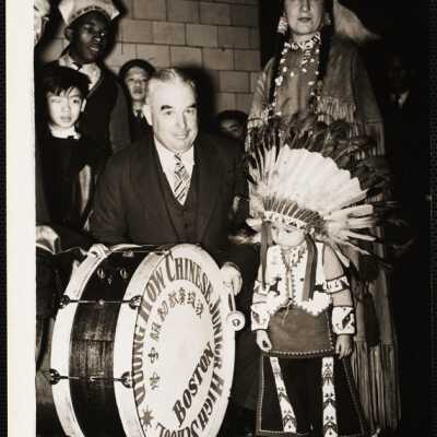 Commissioner Joseph F. Timilty with Princess Pretty Woman + her son Papoose Running Elk. At Station 4.