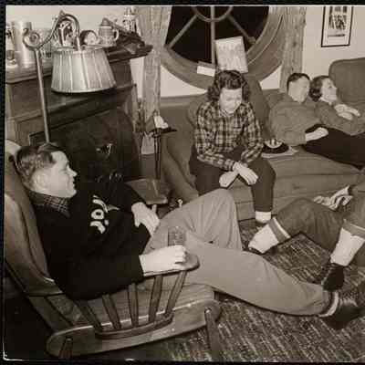 Friday night 11 P.M. - L to R: Bob Darbee, Betty Orr - Brooklyn, Dick Cords, Mary Siftney, Donald O'Rourke, Joe Rich (with long stockings) on floor