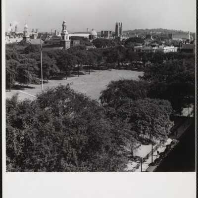 Conn. New haven - Center Congregational Church steeple in foreground right of flag.