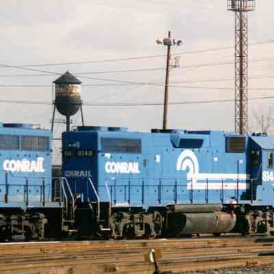 Conrail Engines. Old Gar Wood water tower in background