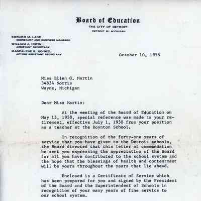 Ellen Martin's retirement letter from being a teacher on July1,1958.