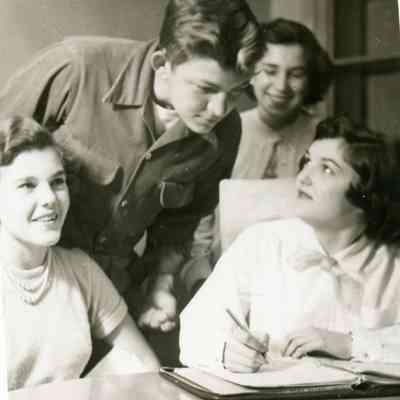 Steve Kozar, Nancy Fama; Jenny Holmes and Judy Domolewicz in 1953 Sophomore class.