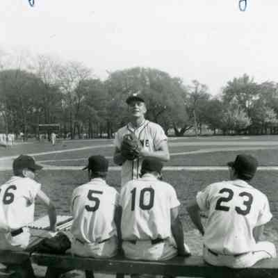 Dick Shedd (standing); Bill Schwartz, Don Elrod during Wayne versus Dearborn 25 May 1955.