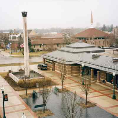Looking NW over Veterans Plaza and Library. 2002