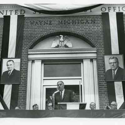 Dedication of Post Office after 1964 remodeling. Neil Staebler (Democrat) talking