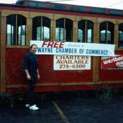 Mitch Robertson from D & D Hardware with a trolley to carry people to and from the Art Train Exhibit.