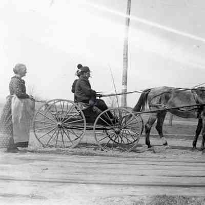 A wagen and horse. Ellen Warner on the very left.