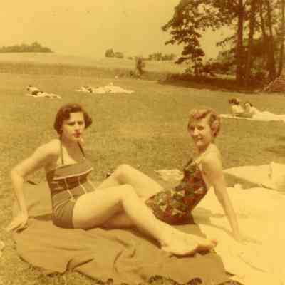 Sondra Anderle and Joan Nissen at the Midwest Cheerleads Camp at Smith & Walbridge in Syracuse, Indiana on June 19, 1953.
