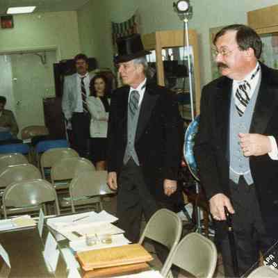 Kelly with top hat on, Bob Beeney in front. Pam from TV cable. Shusteric, Asst. City Manager