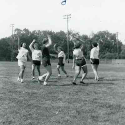 Marilyn Johnson, Barb D'Polus, Sondra Anderle, Judy Lanczki, Marlene Bickel and Pattie Bingel in 'Indian Huddle' on Aug. 1954 .