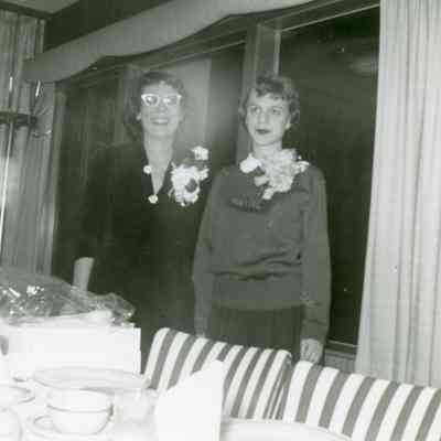 Mrs. Ruth Goodrich and Barb D'Polus at the Cheer Banquet at Barbus's on March 11, 1954.