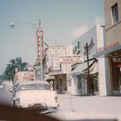 1957. Wayne Theater sign, Wayne Federal Savings, Stuarts, Fishers Cleaners, Linda Lee