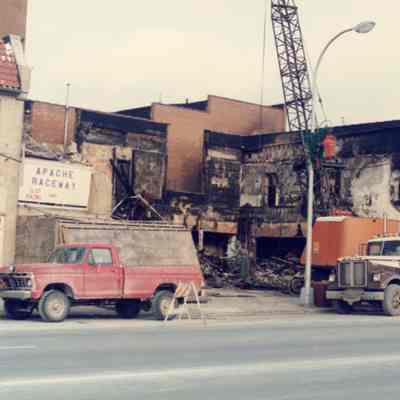 After fire. Apache Raceway sign.