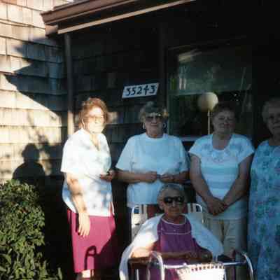 Back row L to R: Thelma, Betty Brown, Betty Marrow and Jean Chambers. Elsie Raymo in front on July 8, 1991.