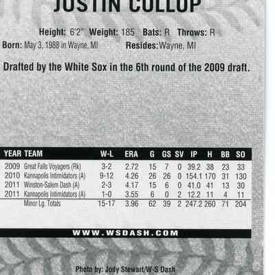 Justin Collop. Winston Salem Dash baseball Card. 2012.
