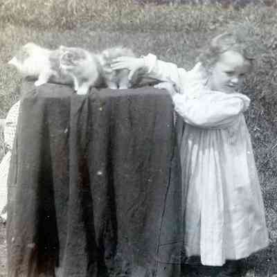A child with kittens.