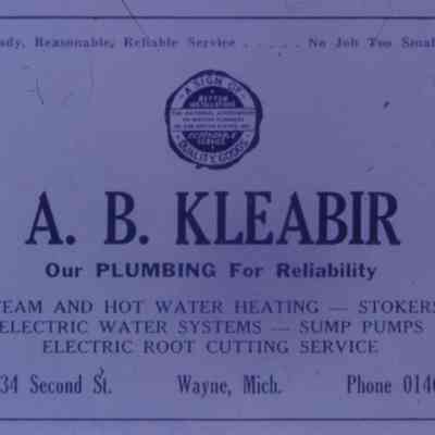 1947 Ad. A. B. Kleabie Plumbing. 3834 Secoind Street.