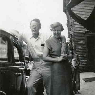 Jim Hisey and Lois "Barbara" Huffman Hisey on MI Ave in Wayne, MI. The old Varney Hotel is in the background.