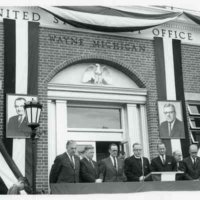 Post Office Dedication for 1964 remodeling. From left to right Neil Staedler, ?, Philip Hart, Father Haney, John Lesinski, Dan Howell (PM) and ?