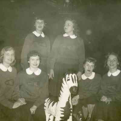 Joan Worden, Alice Neddrie, Sondra Anderle, Marilyn Johnson, Barb D'Polus, Barb Haughwout, ' Zaney' at Flint Northern HS 1954