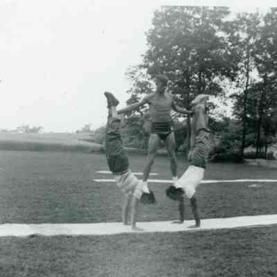 Herkie, Nick Wiese and Newt at the Midwest Cheerleads Camp at Smith & Walbridge in Syracuse, Indiana on June 19, 1953.