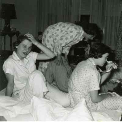 Judy Lanczki, Annette Hartman, Pat Bingel, and Alice Niddrie at Barb Hileman's PJ Party on March of 1954.