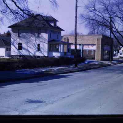 1959. Slide. Wayne Dairy, Jay Allen House, Auto Dealership. Main Street