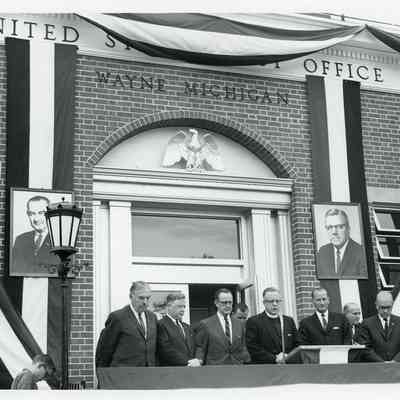 Post Office Dedication for 1964 Remodeling. From Left to right; Neil Staebler, ?, Philip Hart, Father Haney, John Lesinski, Dan Howell (PM) and ?