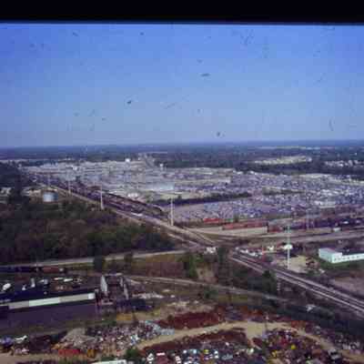 Aerial over Clinton and RR tracks, looking West