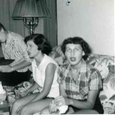 Shirley Hickey, Annette Hartman and Sondra Anderle at Pat Millar's PJ Party on Sep. 08 1954.