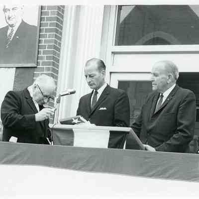 Post Office Dedication for 1964 remodeling. From left to right, Neil Staebler, Father Haney, Lesinski ?, Dan Howell