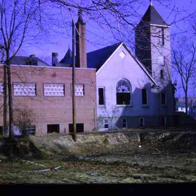 side of Baptist Church as its stripped for demolition. 1964.