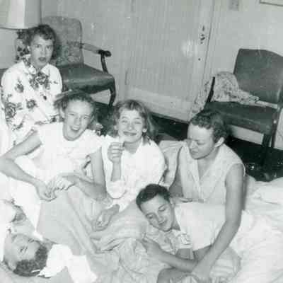Ginny Spisak, Donna Kuhn, Pat Millar, Joan Worden, Marilyn Johnson and Barb Apple at her Pajama Party on Aug. 18, 1952.
