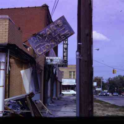 NW corner Park and Washington/ Wayne road. Buildings being demolished for Urban Renewal. Lazars, Roblee. Looking North.