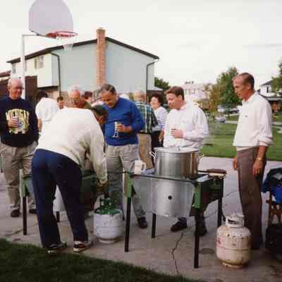 Bill Hawley very Right, Jon Hisey 2nd from Right and Barry McEachern in white fisherman's sweater at Lobsterfest.