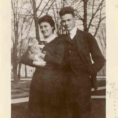 Twins, Nancy and Merrill Bird with their cat. WHS class of 1915.